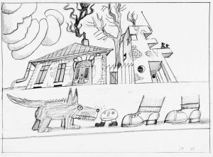 Memory drawing of Strada Palas, 1978, with the Steinberg home in center background. Black pencil on paper, 11 x 14 in. Saul Steinberg Papers, Beinecke Rare Book and Manuscript Library, Yale University.