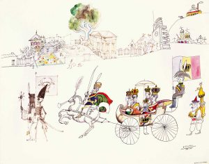 Strada Palas, 1966. Graphite, pen, colored inks, watercolor, gouache, colored chalks, and gold enamel on paper, 23 x 29 in. Israel Museum, Jerusalem; Gift of the artist, through the America-Israel Cultural Foundation