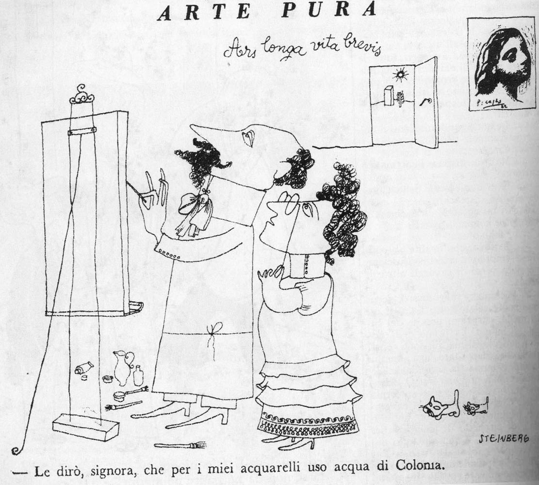 “Arte pura,” <em>Bertoldo</em>, August 27, 1937. “I’m telling you, madame, for my watercolors I use eau de Cologne.”
