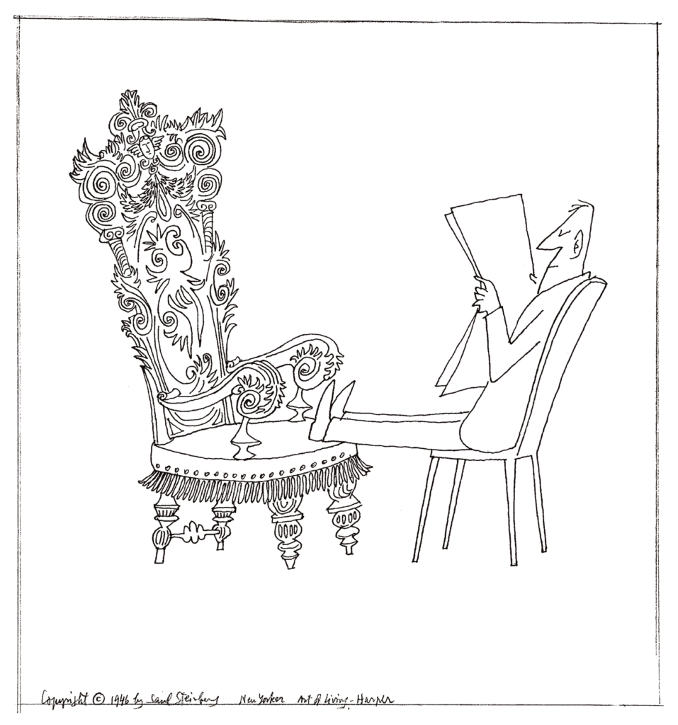 Original drawing for The New Yorker, October 12, 1946. Feet on Chair, ink over pencil on paper, 9 1/8 x 9 ¼ in. Private collection.