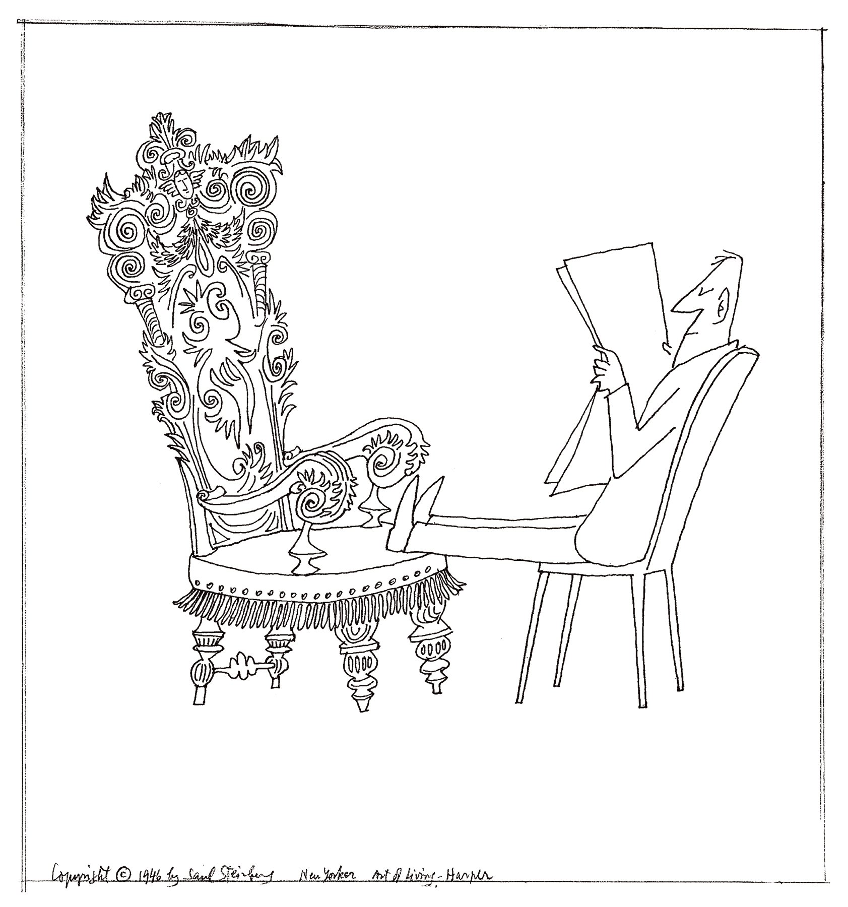 Original drawing for <em>The New Yorker</em>, October 12, 1946. <em>Feet on Chair</em>, ink over pencil on paper, 9 1/8 x 9 ¼ in. Private collection.