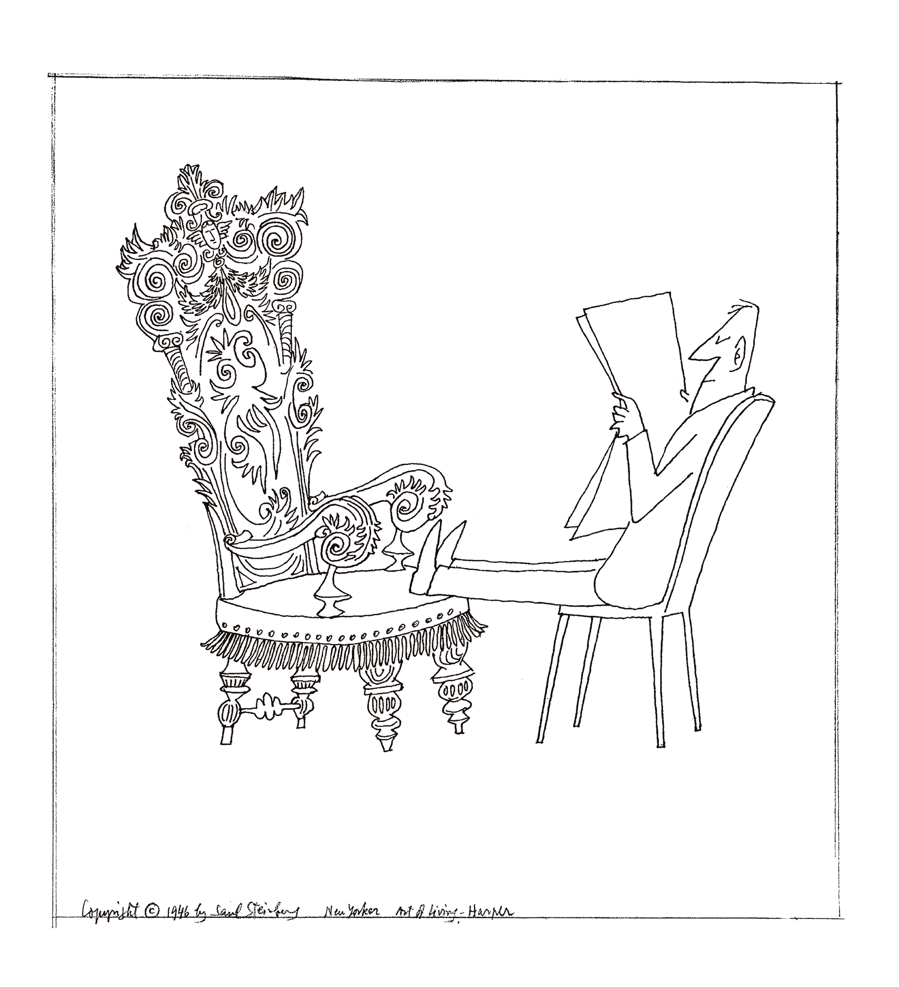 Original drawing for <em>The New Yorker</em>, October 12, 1946. <em>Feet on Chair</em>, ink over pencil on paper, 9 1/8 x 9 ¼ in. Private collection.