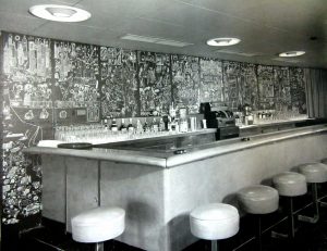 Bar with Steinberg’s mural in one of the “Four Aces” ships of the American Export Lines, 1948.