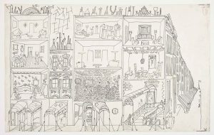 Drawing for Steinberg’s mural of Detroit, 1949. Ink over pencil on paper, 14 5/8 x 23 1/8 in. The Detroit Institute of Arts; Gift of the J.L. Hudson Company.