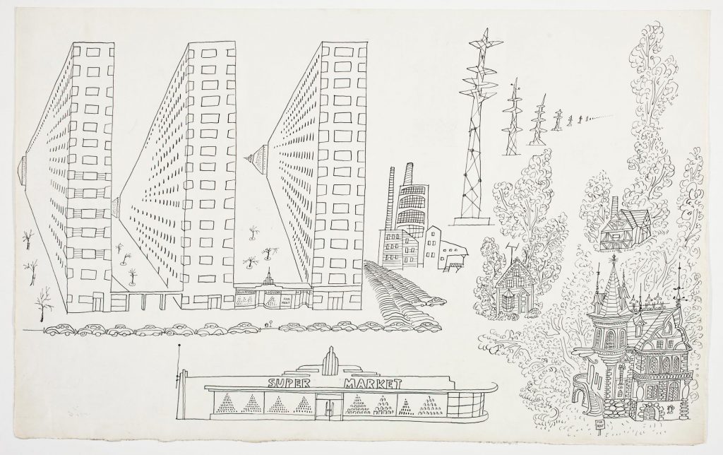 Drawing for Steinberg’s mural of Detroit, 1949. Ink over pencil on paper, 14 5/8 x 23 1/8 in. The Detroit Institute of Arts; Gift of the J.L. Hudson Company.
