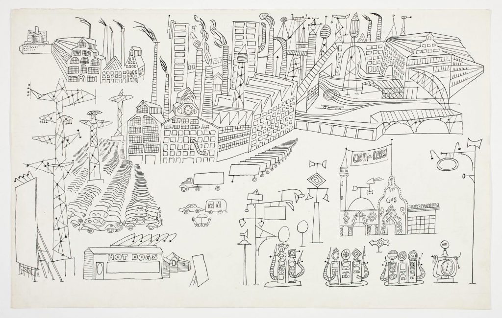 Drawing for Steinberg’s mural of Detroit, 1949. Ink over pencil on paper, 14 5/8 x 23 1/8 in. The Detroit Institute of Arts; Gift of the J.L. Hudson Company.