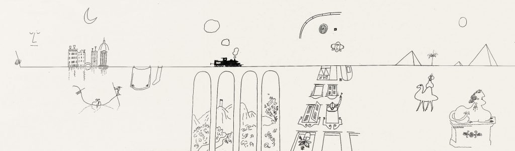 First part of the drawing for The Line, 1954, for the “Children’s Labyrinth” at the 10th Milan Triennial. Full drawing: ink on paper folded into 29 sections, 18 x 404 in. Biblioteca Nazionale Braidense, Grande Brera, Milan; Gift of The Saul Steinberg Foundation.