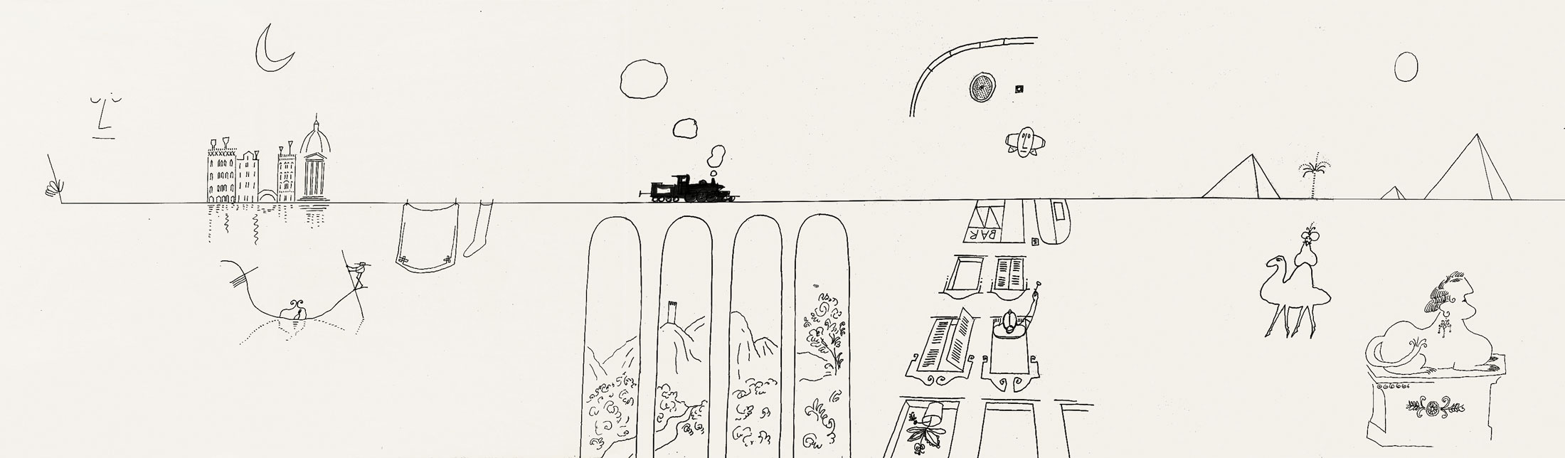 First part of the drawing for <em>The Line</em>, 1954. Full drawing: ink on paper folded into 29 sections, 18 x 404 in. The Saul Steinberg Foundation.
