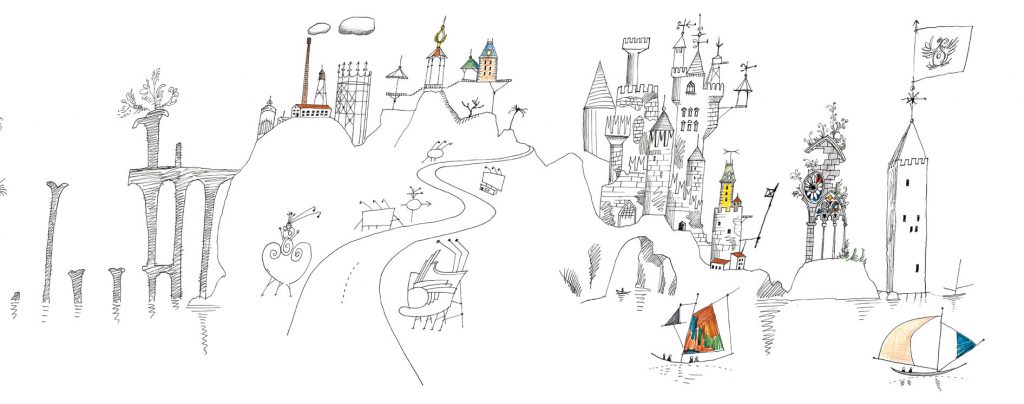 Part of the drawing for Shores of the Mediterranean, 1954, for the “Children’s Labyrinth” at the 10th Milan Triennial. Full drawing: ink, colored pencil, and rubber stamps on paper folded into 14 sections, 18 x 183 in. Biblioteca Nazionale Braidense, Grande Brera, Milan; Gift of The Saul Steinberg Foundation.