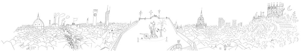 Drawing for Cities of Italy, 1954, for the “Children’s Labyrinth” at the 10th Milan Triennial. Ink on paper folded into 8 sections, 18 x 110 ¾ in. Biblioteca Nazionale Braidense, Grande Brera, Milan; Gift of The Saul Steinberg Foundation.