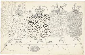 Fur Coats, 1951. Ink on paper, 14 ½ x 23 in. The Art Institute of Chicago; Gift of The Saul Steinberg Foundation.