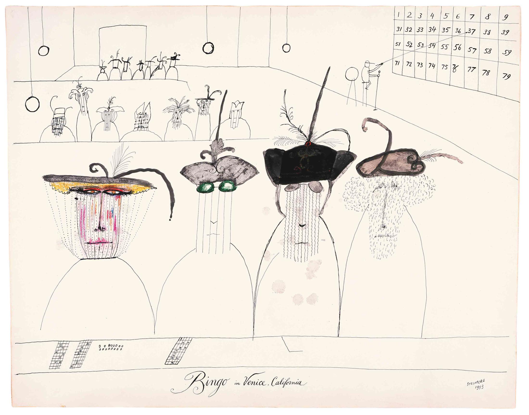 <em>Bingo in Venice California</em>, 1953. Ink, crayon, and watercolor on paper, 22 ¾ x 28 ¾ in. National Gallery of Art, Washington, DC; Gift of The Saul Steinberg Foundation.