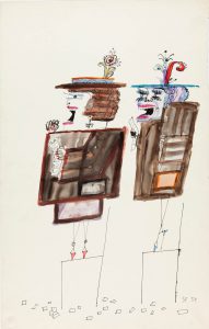 Untitled [At the Racetrack], c. 1958. Ink, crayon, and watercolor on paper, 14 ½ x 23 in. The Saul Steinberg Foundation.