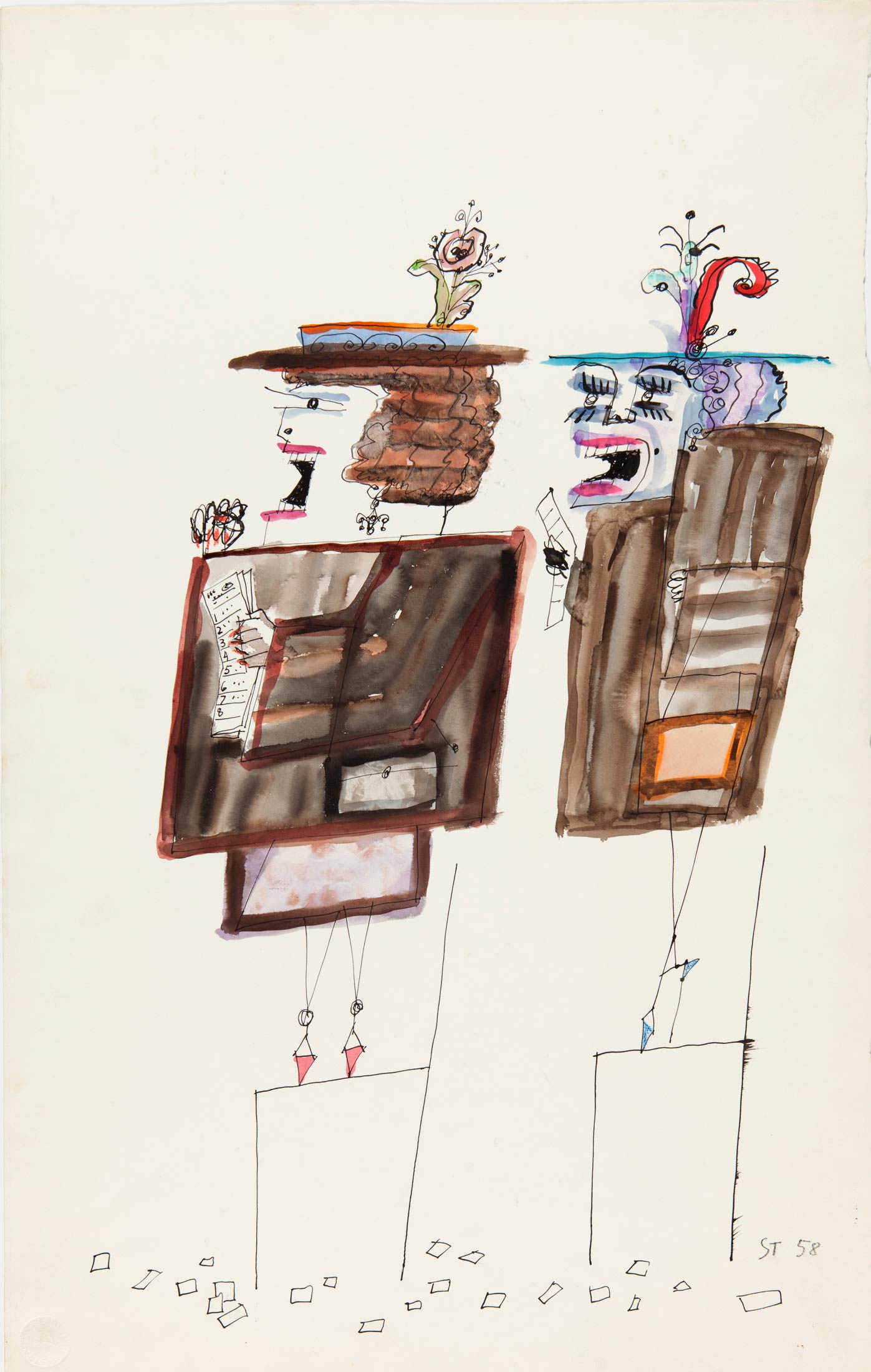 <em>Untitled [At the Racetrack]</em>, c. 1958. Ink, crayon, and watercolor on paper, 14 ½ x 23 in. The Saul Steinberg Foundation.