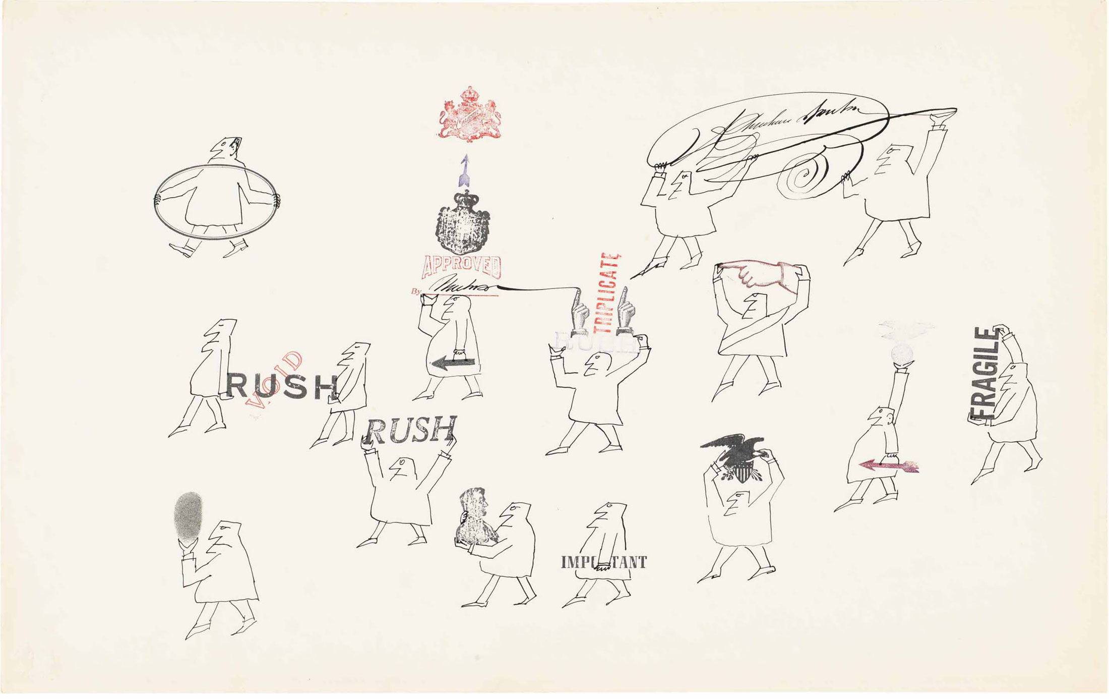 <em>Parade 2</em>, c. 1950-51. Ink, fingerprint, and rubber stamps on paper, 23 x 14 in. National Gallery of Art, Washington, DC; Gift of The Saul Steinberg Foundation.