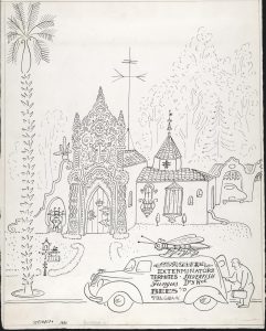 Exterminator No. 9, 1950, ink on paper, 14 ½ x 11 ½ in. Original drawing for the portfolio “The Coast,” The New Yorker, January 27, 1951. Saul Steinberg Papers, Beinecke Rare Book and Manuscript Library, Yale University.