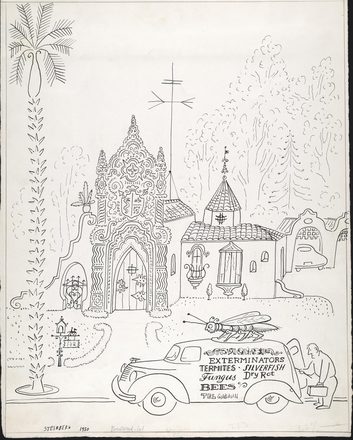 Original drawing for the portfolio “The Coast,” <em>The New Yorker</em>, January 27, 1951. <em>Exterminator No. 9</em>, 1950, ink on paper, 14 ½ x 11 ½ in. Saul Steinberg Papers, Beinecke Rare Book and Manuscript Library, Yale University.
