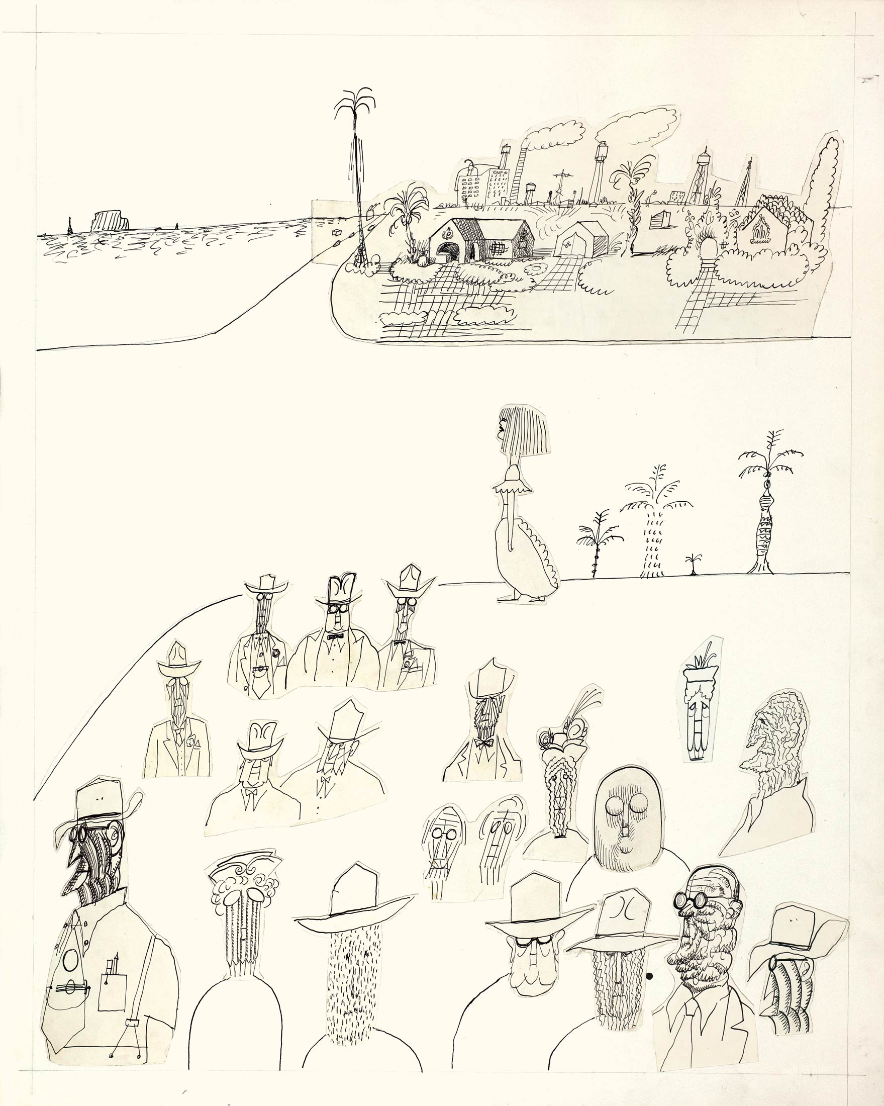<em>Untitled [Florida Types]</em>, 1952. Ink and collage on paper, 30 x 24 in. The Art Institute of Chicago; Gift of The Saul Steinberg Foundation.