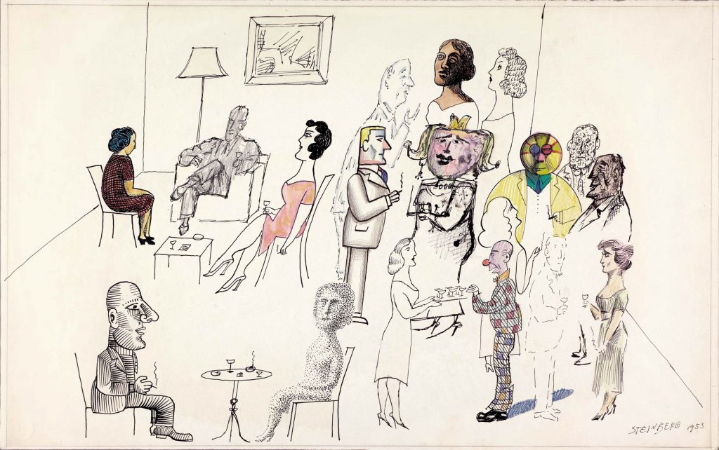 Techniques at a Party I, 1953. Ink, watercolor, pencil, and crayon on paper, 14 ½ x 23 in. The Morgan Library & Museum, New York; Gift of The Saul Steinberg Foundation.