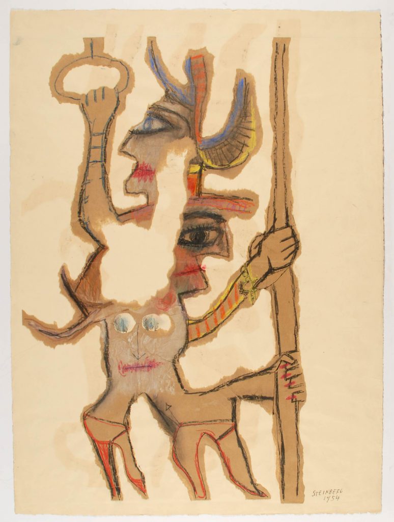 <em>Subway</em>, 1954. Ink, crayon, and charcoal on torn brown paper mounted to board, 26 x 19 in. National Gallery of Art, Washington, DC; Gift of The Saul Steinberg Foundation.