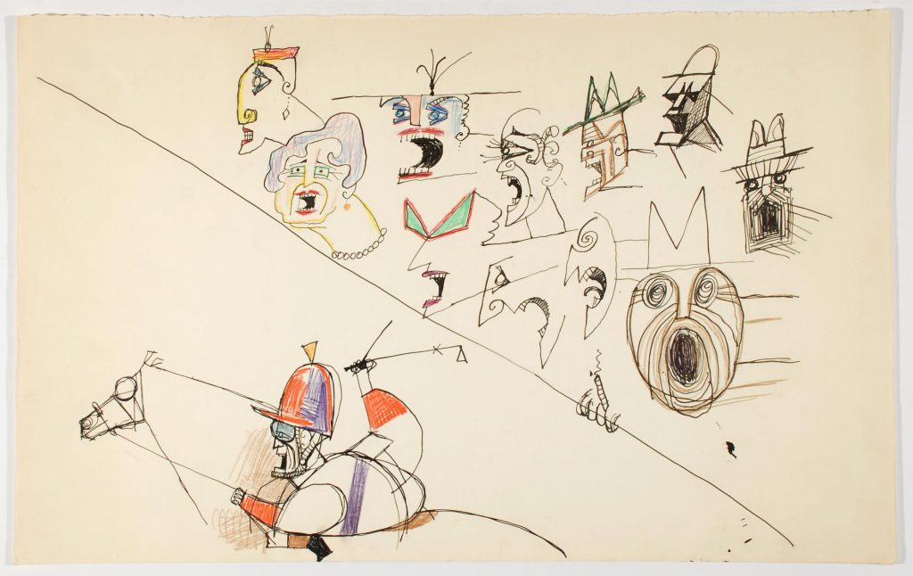 Untitled, c. 1956-1959. Ink and colored pencil on paper, 14 ½ x 23 in. National Gallery of Art, Prague; Gift of The Saul Steinberg Foundation.