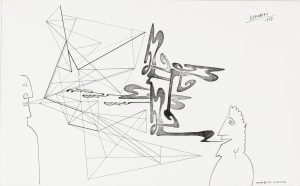 Speech, 1959. Ink, pencil, conté crayon, and rubber stamps on paper, 15 x 20 in. Minneapolis Institute of Art; Gift of The Saul Steinberg Foundation.
