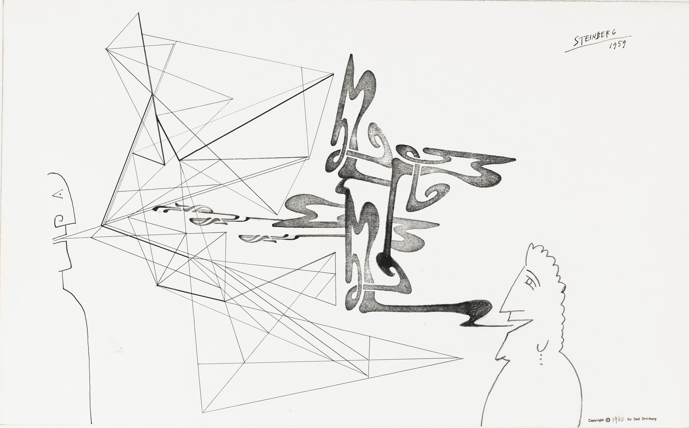 <em>Speech</em>, 1959. Ink, pencil, conté crayon, and rubber stamps on paper, 15 x 20 in. Minneapolis Institute of Art; Gift of The Saul Steinberg Foundation.
