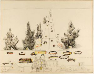 Highway, 1951. Ink, crayon, and pencil on paper, 23 x 29 in. The Saul Steinberg Foundation.