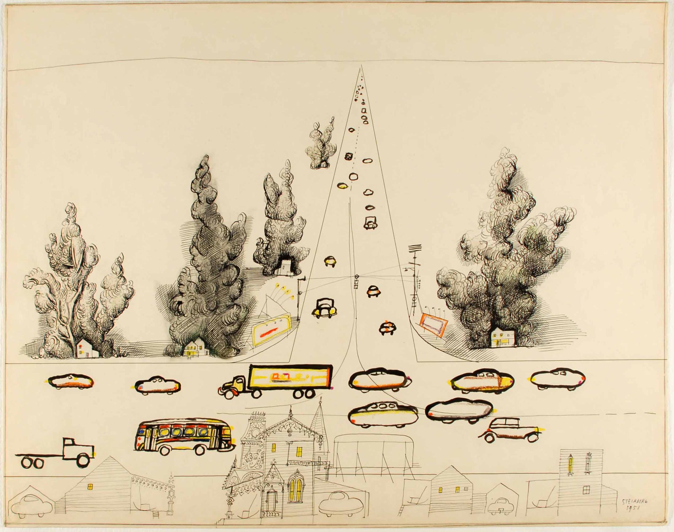 <em>Highway</em>, 1951. Ink, crayon, and pencil on paper, 23 x 29 in. The Saul Steinberg Foundation.