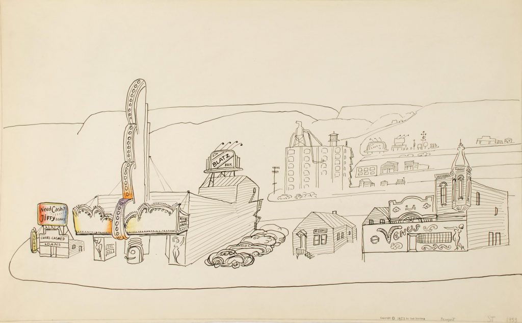<em>Gary, Indiana I</em>, 1953. Ink, crayon, and pencil on paper, 14 ½ x 23 in. Eskenazi Museum of Art, Indiana University, Bloomington; Gift of The Saul Steinberg Foundation.