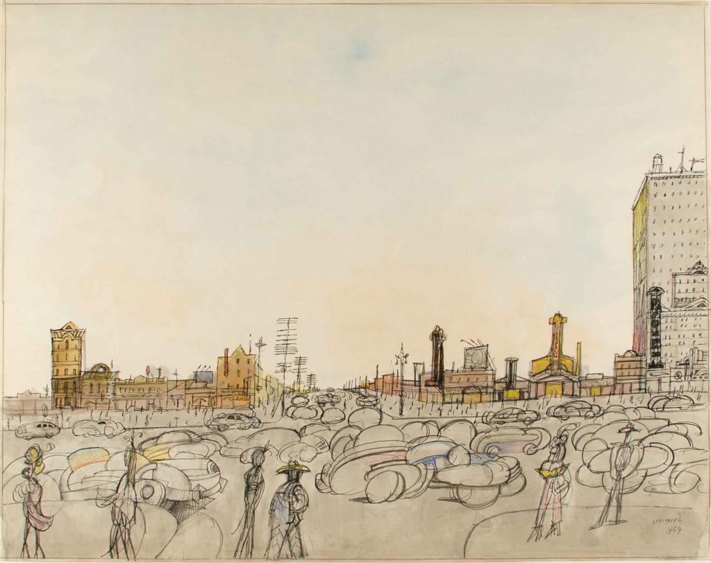 <em>The City</em>, 1954. Ink, watercolor, crayon, and pencil on paper, 22 ½ x 28 ½ in. Williams College Museum of Art, Williamstown, Massachusetts; Gift of The Saul Steinberg Foundation.