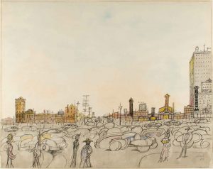 The City, 1954. Ink, watercolor, crayon, and pencil on paper, 22 ½ x 28 ½ in. The Saul Steinberg Foundation.