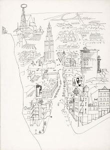 Small Town with Small Town Skyscraper, 1958. Drawing for background of The Road—South and West, from The Americans. Ink on paper, 30 x 22 in. Centre Pompidou, Paris; Gift of The Saul Steinberg Foundation.