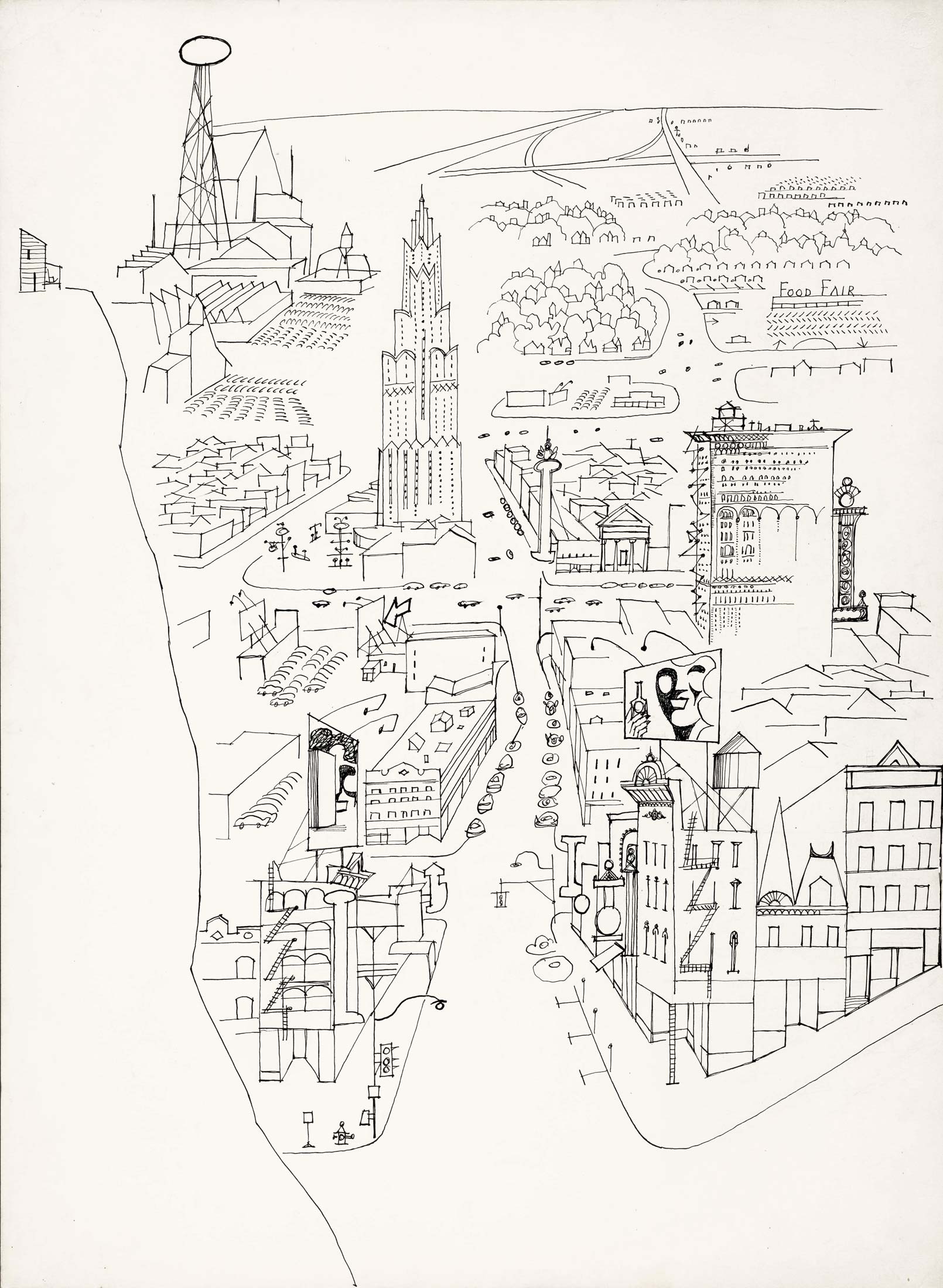 <em>Small Town with Small Town Skyscraper</em>, 1958. Drawing for background of <em>The Road—South and West</em>, from <em>The Americans</em>. Ink on paper, 30 x 22 in. Centre Pompidou, Paris; Gift of The Saul Steinberg Foundation.