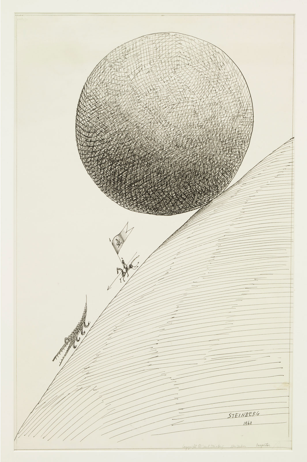 <em>Dragon, Hero, Ball</em>, 1968. Ink on paper 21 7/8 x 14 in. Private collection. Original drawing for <em>The New Yorker</em>, December 28, 1968. 
