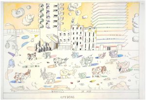 Original drawing for the portolio “City Dogs,” The New Yorker, September 19, 1977. Crayon, ink, pencil, and watercolor on paper, 14 ½ x 23 in. Private collection.