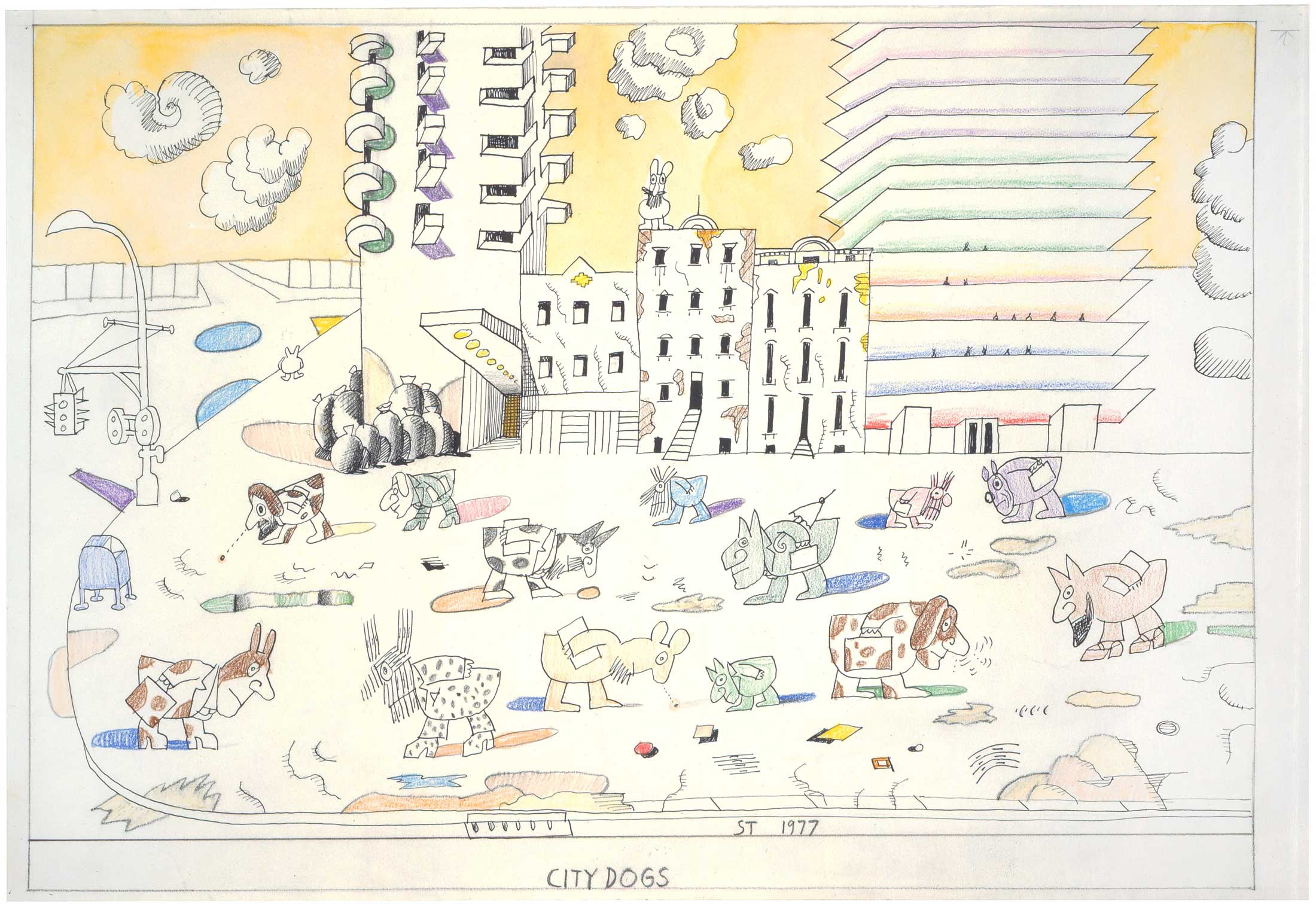 Original drawing for the portfolio “City Dogs,” The New Yorker, September 19, 1977. Crayon, ink, pencil, and watercolor on paper, 14 ½ x 23 in. Private collection.