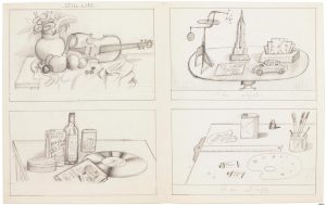 Study for the portfolio “Still-Lifes,” The New Yorker, June 8, 1981. Pencil on paper, 14 ½ x 23 in. The Saul Steinberg Foundation.