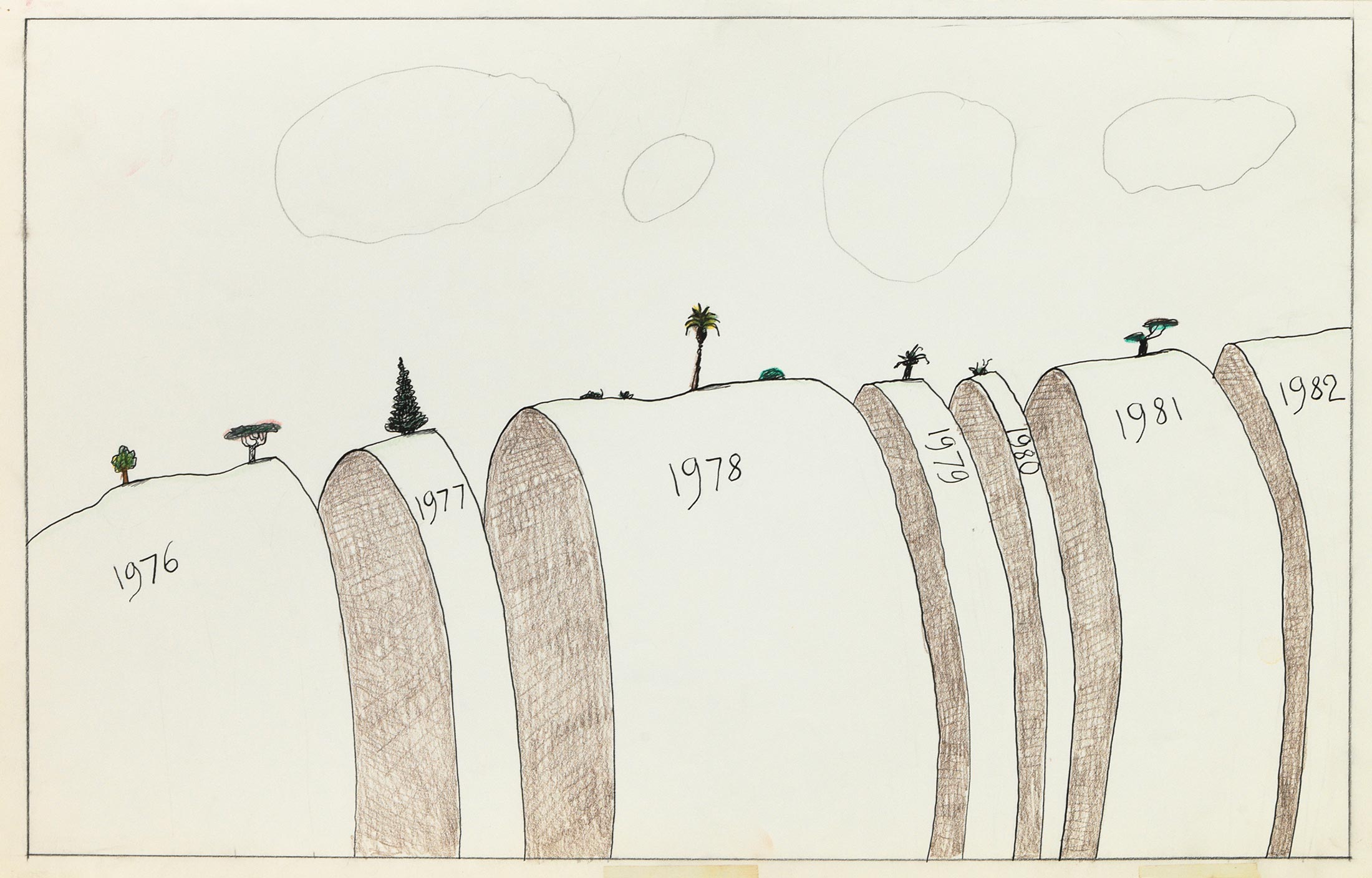 Original drawing for the portfolio “Statistics,” The New Yorker, February 21, 1983. Ink, colored pencil, and pencil on paper, 14 ¼ x 23 ¼ in. Centre Pompidou, Paris; Gift of The Saul Steinberg Foundation.
