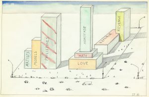 Original drawing for the portfolio “Statistics,” The New Yorker, February 21, 1983. Ink, pencil, colored pencil, and watercolor on paper, 14 ½ x 23 in. The Saul Steinberg Foundation.