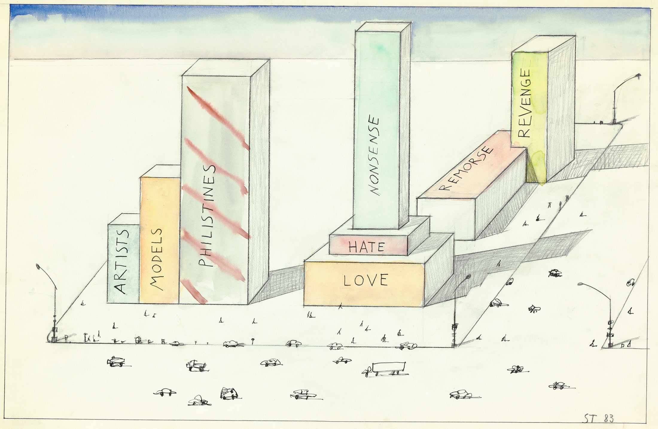 Original drawing for the portfolio “Statistics,” The New Yorker, February 21, 1983. Ink, pencil, colored pencil, and watercolor on paper, 14 ½ x 23 in. Centre Pompidou, Paris; Gift of The Saul Steinberg Foundation.