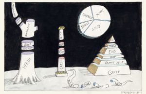 Original drawing for the portfolio “Statistics,” The New Yorker, February 21, 1983. Ink, pencil, watercolor, and crayon on paper, 14 ½ x 23 in. The Saul Steinberg Foundation.