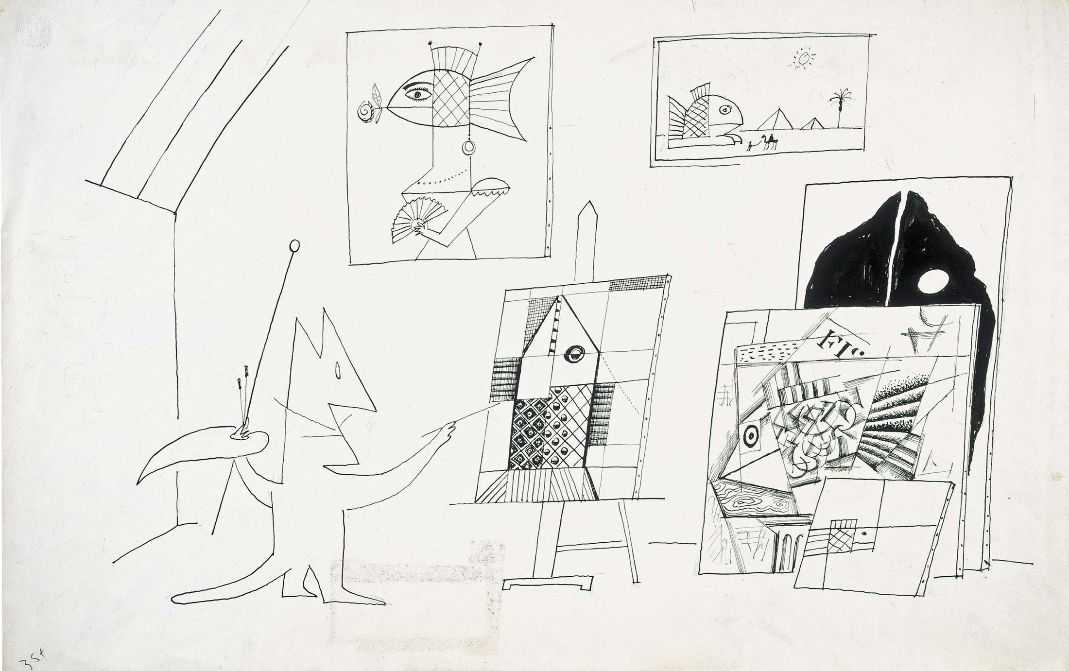 Original drawing for <em>The New Yorker</em>, August 29, 1959. Ink on paper, 14 ½ x 23 in. Saul Steinberg Papers, Beinecke Rare Book and Manuscript Library, Yale University.