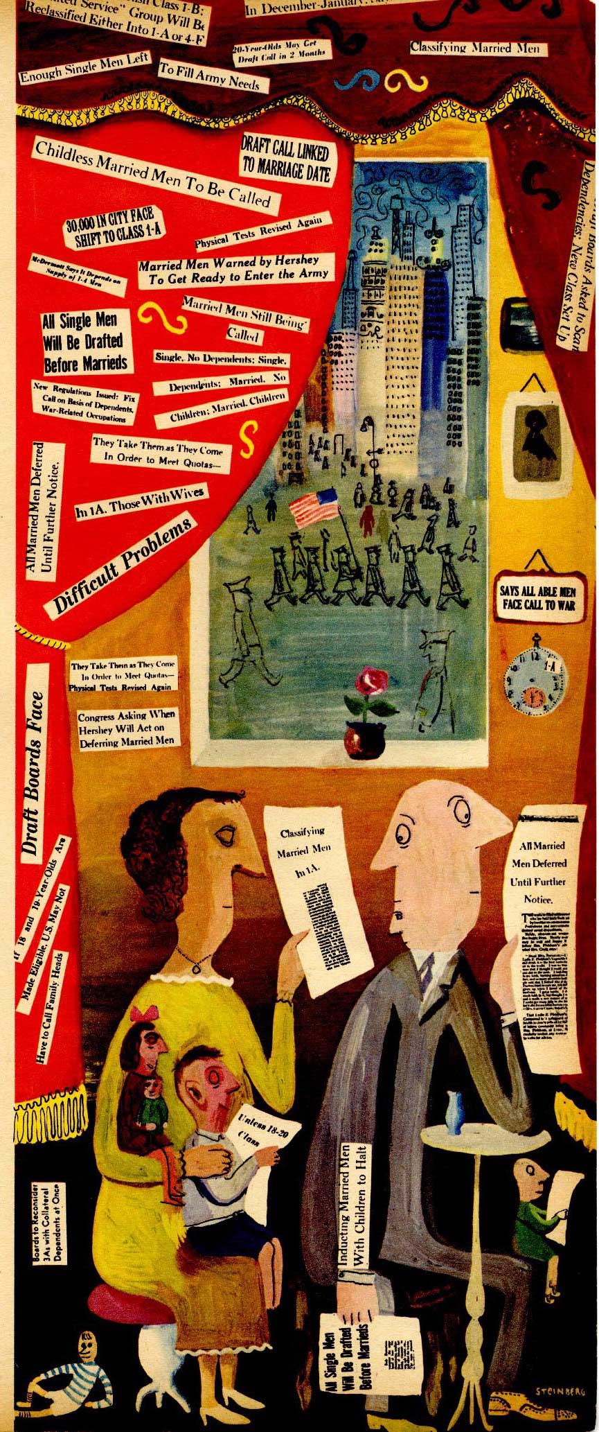 Painting and collage accompanying article “Who’ll Be Drafted When?” <em>Fortune</em>, November 1942.