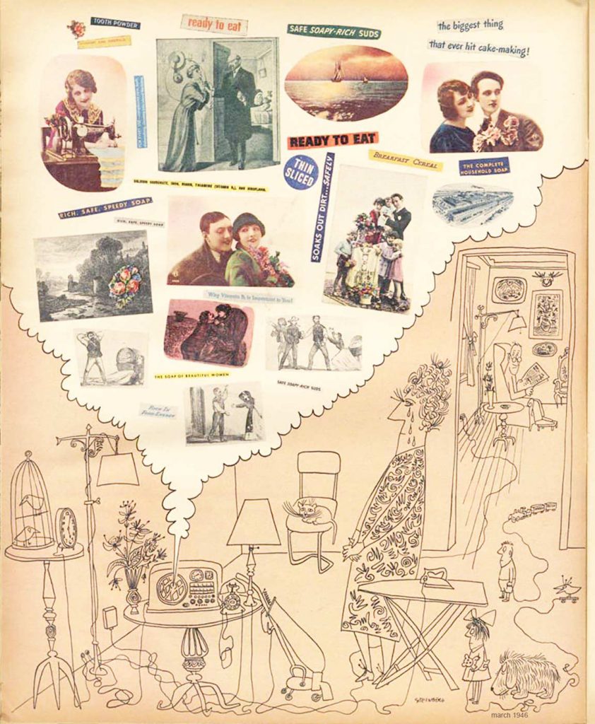 Drawing and collage accompanying article “Soap Opera.” <em>Fortune</em>, March 1946.