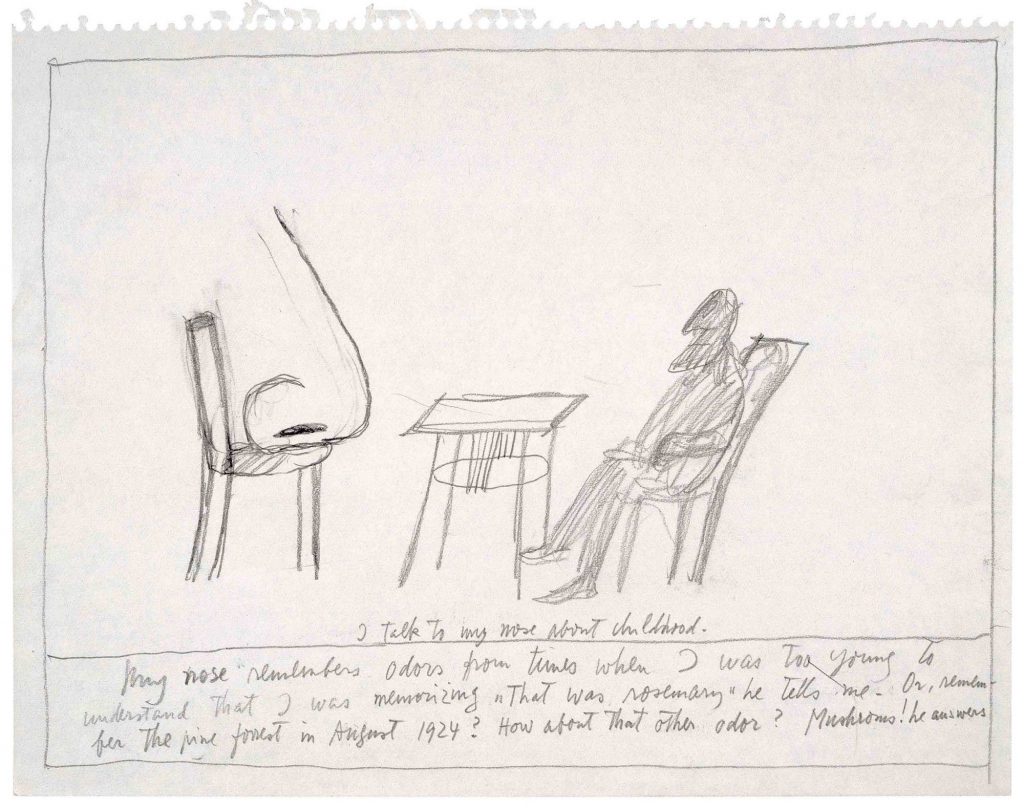 Ex-voto, after 1983. Pencil on paper, 10 ¾ x 14 in. Saul Steinberg Papers, Beinecke Rare Book and Manuscript Library, Yale University. Caption: “I talk to my nose about childhood. My nose remembers odors from times when I was too young to understand that I was memorizing. ‘That was rosemary,’ he tells me. Or, remember the pine forest in August 1924? How about that other odor. Mushrooms! he answers.”