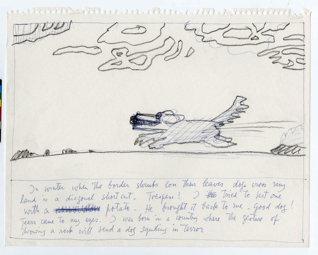 Ex-voto, after 1983. Ink and crayon on paper, 11 x 14 in. Saul Steinberg Papers, Beinecke Rare Book and Manuscript Library, Yale University. Caption: “In winter when the border shrubs lose their leaves dogs cross my land in a diagonal shortcut. Trespass! I tried to hit one with a potato. He brought it back to me. Good dog! Tears came to my eyes. I was born in a country where the gesture of throwing a rock will send a dog squealing in terror.”