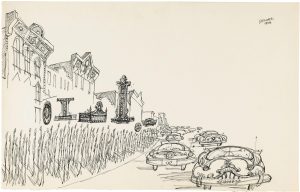 Untitled, 1954. Ink on paper, 14 ½ x 23 in. The Saul Steinberg Foundation.