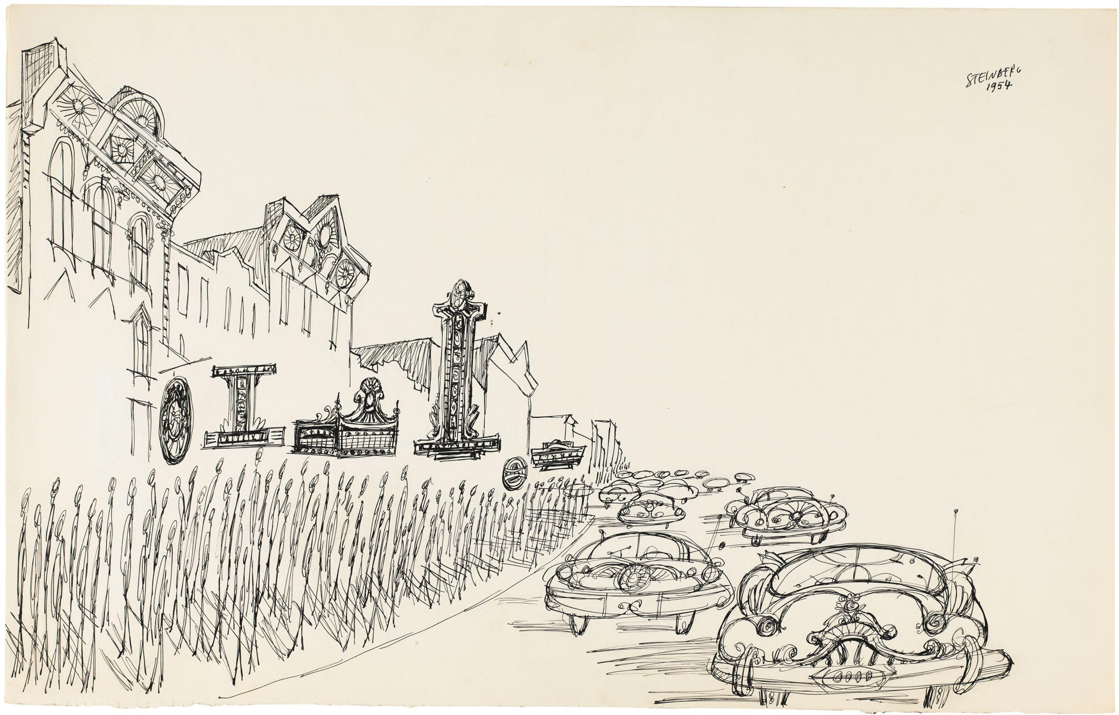<em>Untitled</em>, 1954. Ink on paper, 14 ½ x 23 in. The Saul Steinberg Foundation.