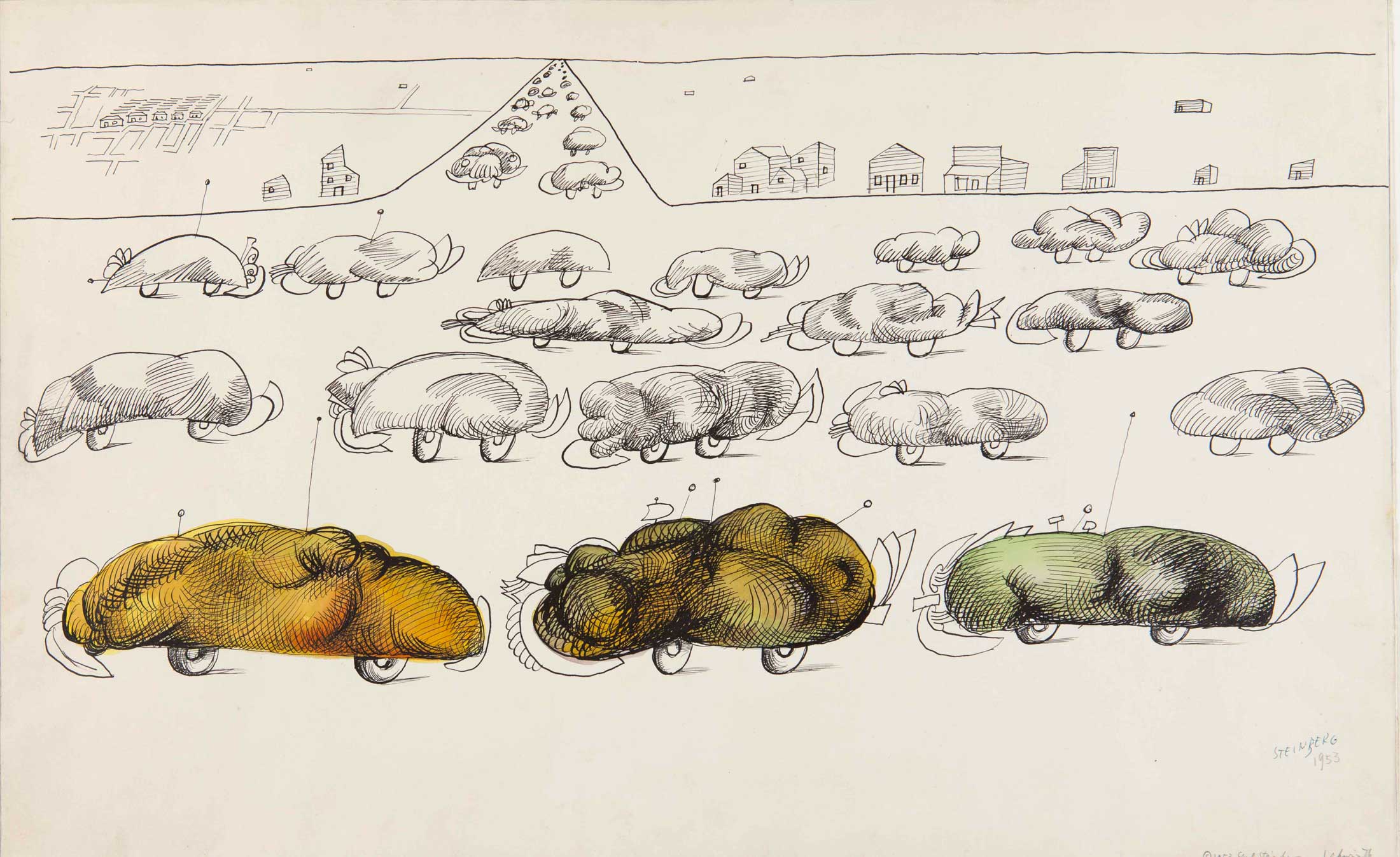 <em>Highway Traffic</em>, 1953. Ink, watercolor, and pencil on paper, 14 ½ x 23 in. The Saul Steinberg Foundation.